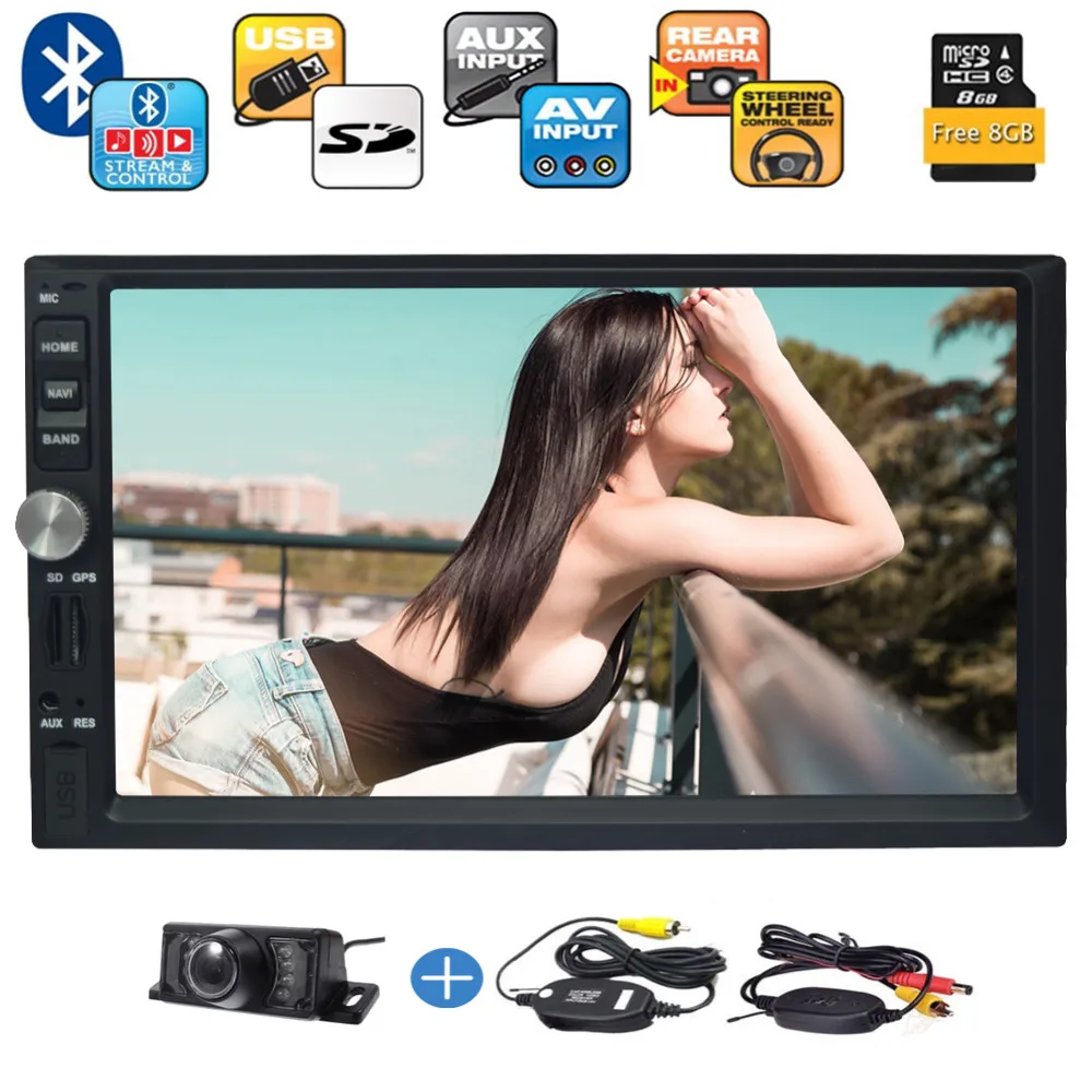 

Double Din Autoradio Bluetooth 7'' LCD Monitor USB/Micro SD Card Slot/AM FM Radio/AUX Input/In Dash Car Stereo+Wrieless Camera