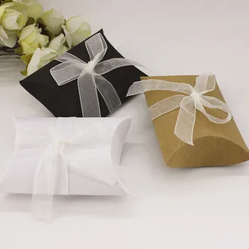 

50pcs/lot Black Pillow Shape Wedding Candy Box With Ribbon DIY Birthday Party Favor White Gift Box Small Decoration Present Box