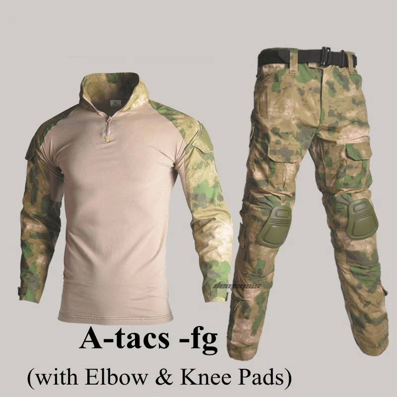 Тактические боевые костюмы военная форма дышащая страйкбол стрельба одежда охота одежда рубашки+ брюки налокотники наколенники - Цвет: atacs fg