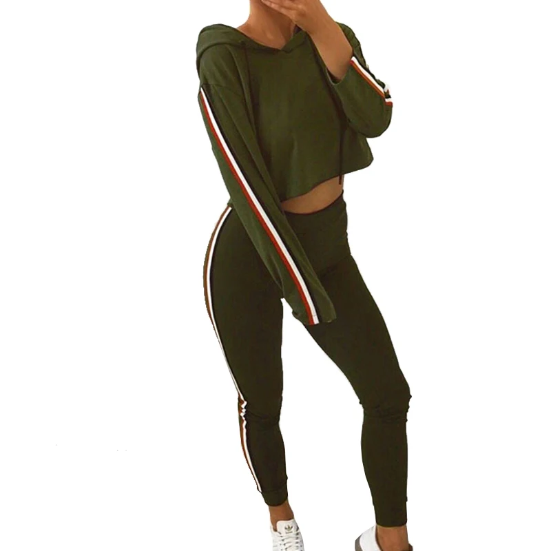 2018 Winter Jumpsuits Women Fashion Striped  Casual 2 Pieces Set Female Black Tracksuits Sexy Cropped Sweatshirt and Pants