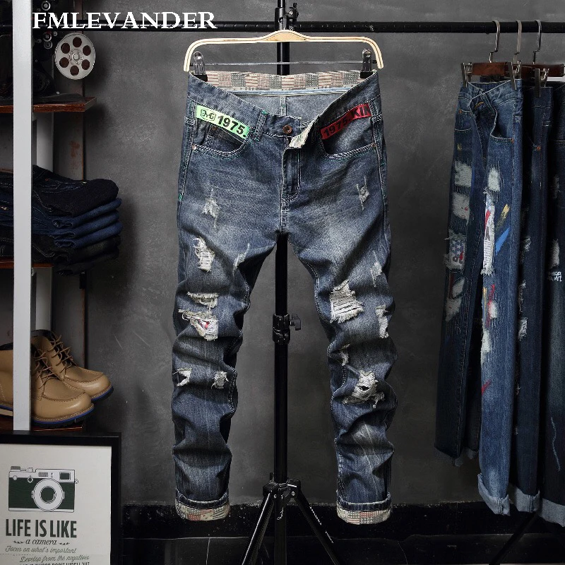 Брюки с полосками хип-хоп плюс размер 38 винтажные потертые прямые брюки рваные, Стретч джинсы мужские