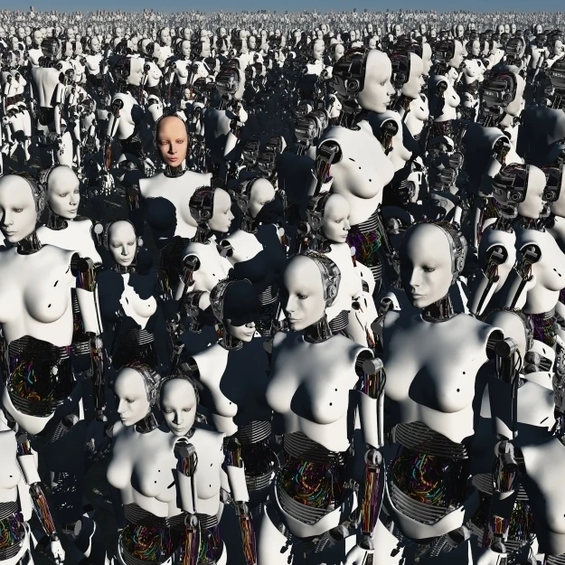 A lone android with a human flesh colored face amongst a crowd of robots Poster Print (18 x 11)