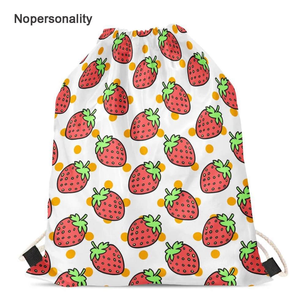 Nopersonality Portable Strawberry Drawstring bags Girls Shoes Bag Beige Women Backpack Small Travel Pouch Storage Pack