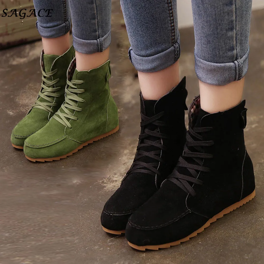

SAGACE Shoes Woman 2018 Flat Ankle Snow Motorcycle Boots Lady Suede Leather Lace-Up Rubber Winter Boots Girls botas mujer