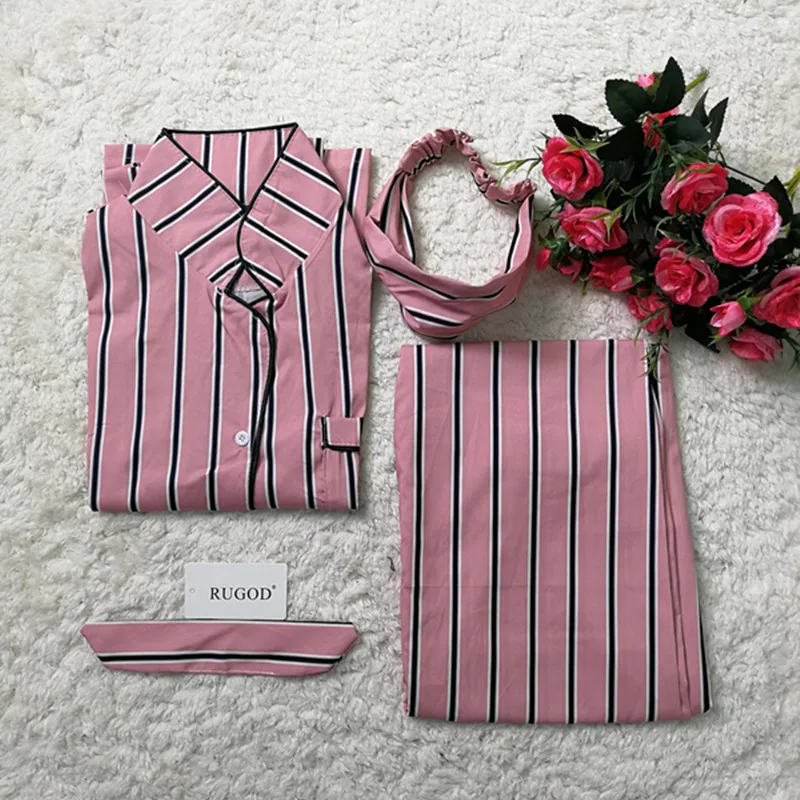 RUGOD Для женщин розовые полосатые пижамы рубашки с длинным рукавом + длинные штаны Двойка отложной воротник Повседневное свободные пижамный