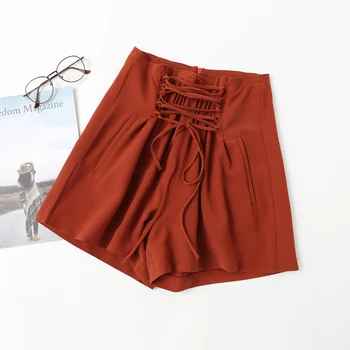 

Summer Vintage High Waist Zipper Shorts New Fashion Casual Korean Elastic Waist Sexy Wide Leg Shorts Female Cross lace Up Shorts