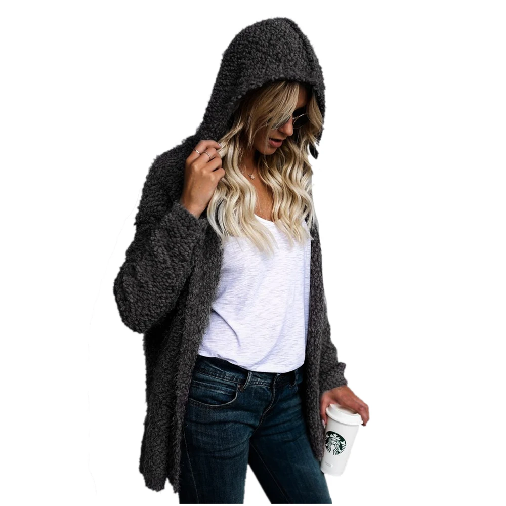 

Women Spring Autumn Coat Long Sleeve Cardigan Hooded Coat Ladies Coat Jacket Overcoat(BLACK GREY)