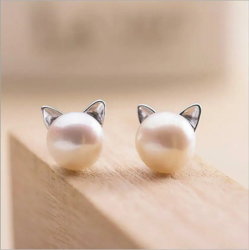 Authentic 925 sterling silver cat ear ear pearl earrings for women and