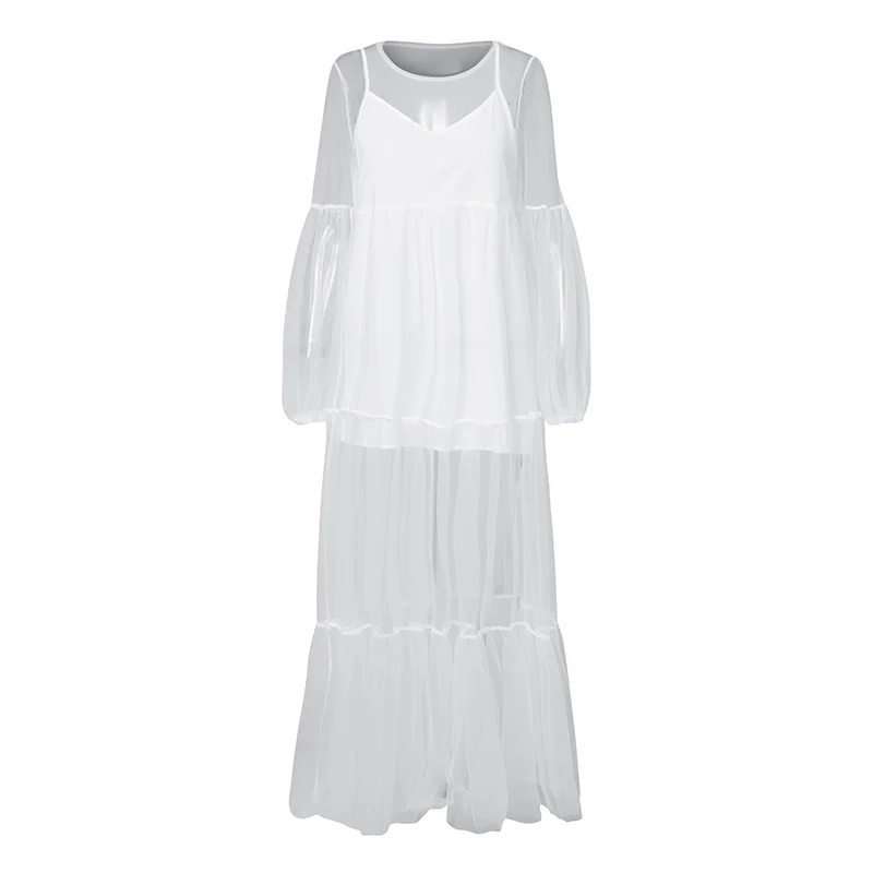 VONDA размера плюс кружевное платье Осень Лето Сарафан с v-образным вырезом Высокая талия фонарь длинный рукав белое Макси длинное платье сексуальное Vestido