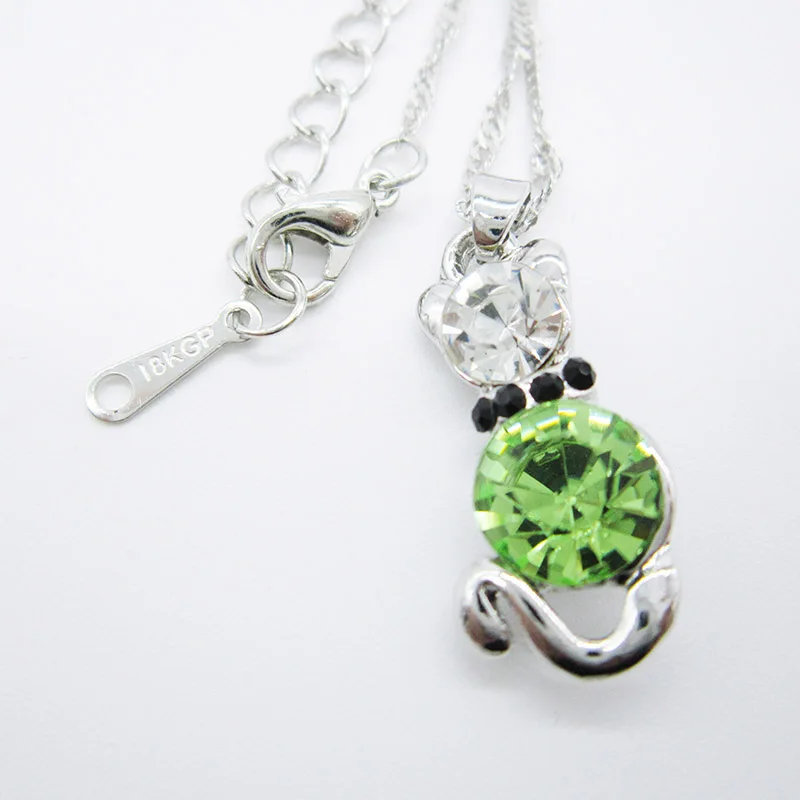 

Drop Ship 2016 New Arrival Cute Crystal Cat Pendant Rhinestone Silver Necklace for Women Blue Green White