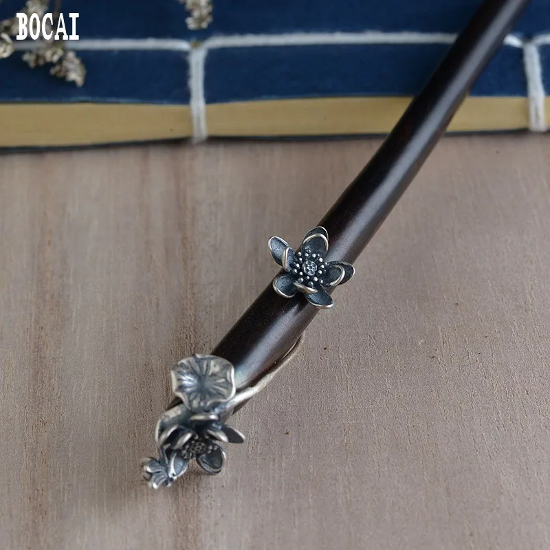 

S925 silver retro Thai silver craft scorpion fashion women's models flower head silver inlay sandalwood hairpin