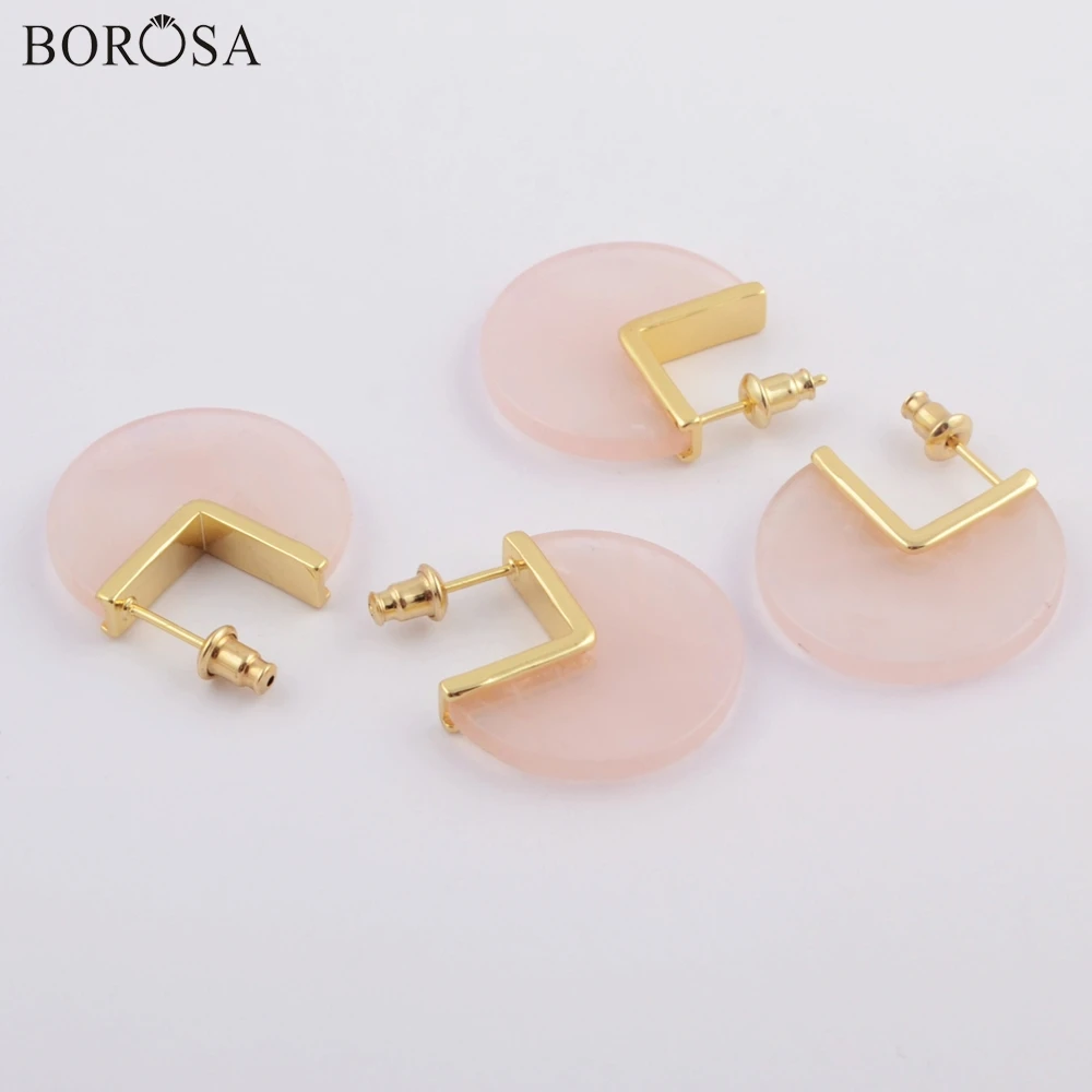 Женские серьги гвоздики BOROSA из натуральной розы Розовый кристаллический кварц