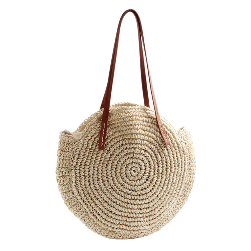 

Fashion Sweet Women Shoulder Bag Straw Weave Round Handbag PU Leather Handle Casual Bags for Beach Travel BS88