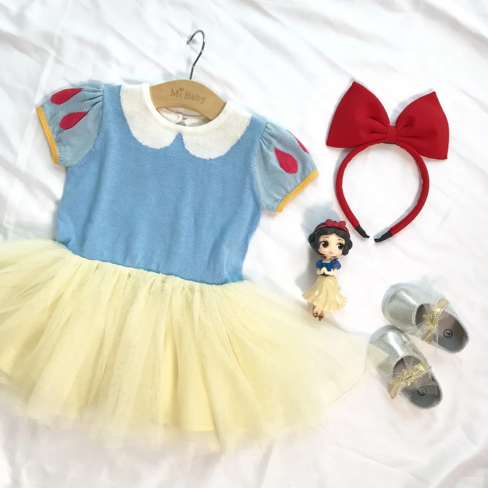 

2019 Summer Design Baby Girls Snow White Princess Dress Red Bowknot Hair Hoop Toddlers Kids Dresses Knitted Patchwork Ball Gown