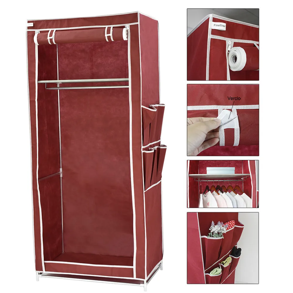 Finether Non-Woven Fabric Single Wardrobe with Side Pockets,Portable Clothes Closet Wardrobe Non-woven Fabric Storage Organizer1
