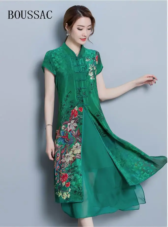 

Vintage Women High Quality Chiffon Print Calf Length Dress Luxury Short Sleeve Split Patchwork Loose Large Size Summer New 2018