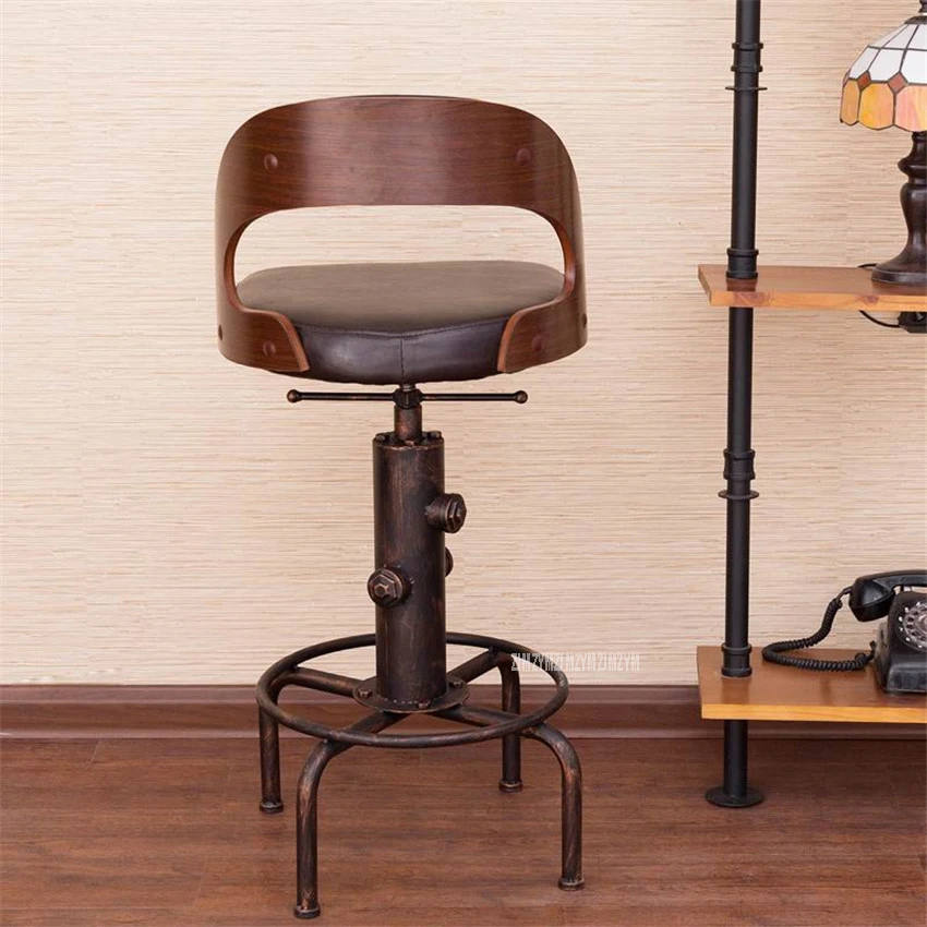 Europe Retro Style Height Adjustable Bar Chair With Footrest Wood Backrest Swivel Bar Stool Counter Coffee Pub Chair Barstool
