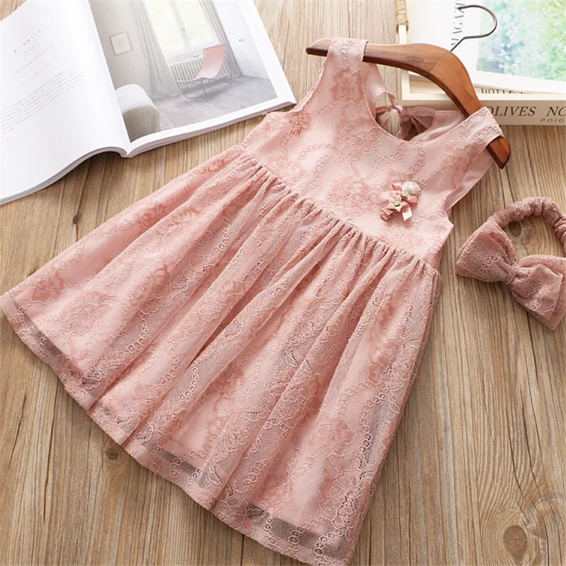 

Hurave drawstring floral headband Summer sleeveless lace dress Kids Clothes Casual mesh flower solid A-line cotton dresses