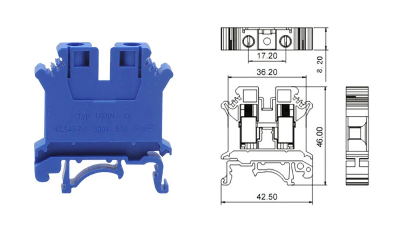 Винтовые клеммные блоки для крепления на din-рейку Bornier UK-6N, электрические провода, Кабельные Клеммы, блоки, медные разъемы, 10AWG 57A