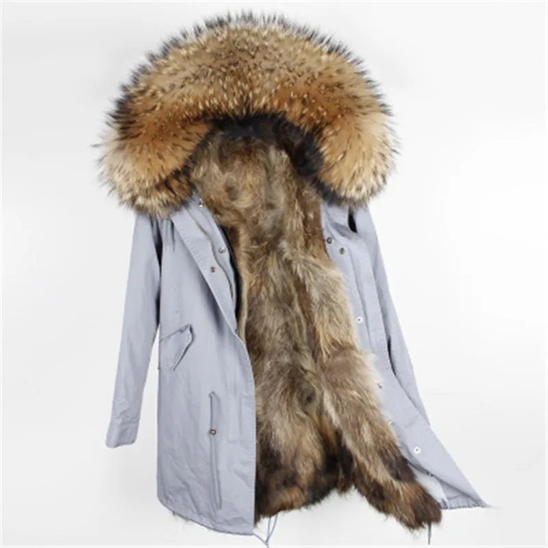 Модная зимняя одежда воротник из натурального меха енота с подкладкой Длинная Большой воротник из меха енота, Повседневная зимняя куртка для женщин