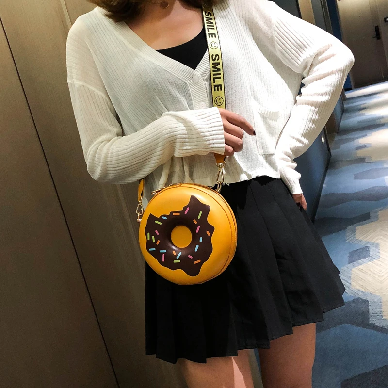 3 Color Fun Cartoon Smiley Shoulder Strap Donut Design Girl's Round Shoulder Bag Handbag Crossbody Bag Women Casual Totes Pouch