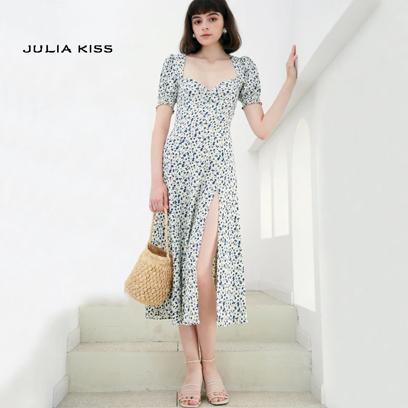 

Women Vintage Sweetheart Neck Maxi Dress With Thigh Split In Blue Floral Print