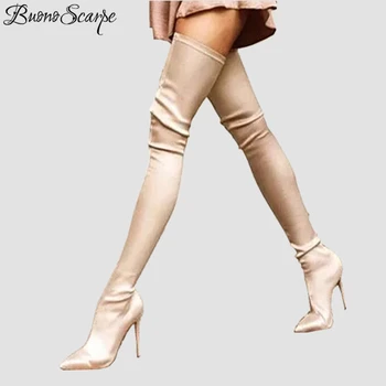 BuonoScarpe Women Slip On Stiletto High Heel Socks Boots Stretch Elastic Thigh High Boots Pointed Toe Sexy Over The Knee Boots jeans denim gladiator fringe blue over the knee high thigh high autumn boots sexy open toe chunky heel women boots