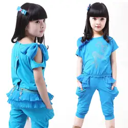 Летняя коллекция комплекты для девочки двусторонняя блузка с короткими рукавами и брюки комплекты из хлопковой ткани повседневная одежда