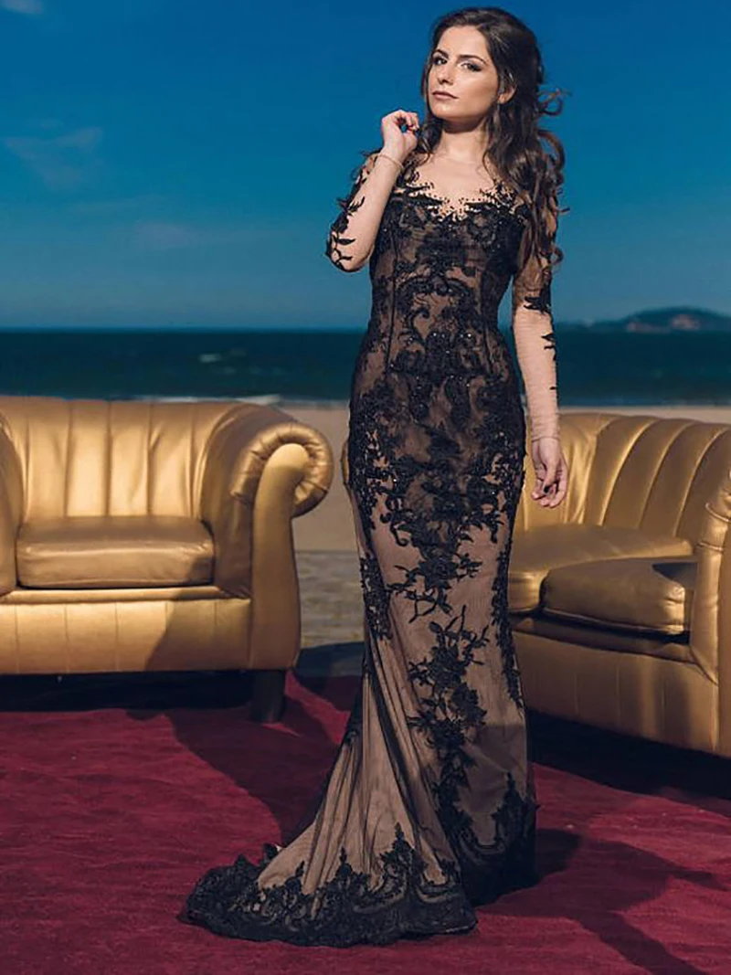 

smileven Black Lace Mermaid Wedding Dress Long Sleeves Bridal Dress Vestidos de novia 2019 Lace Appliques Sexy Wedding Gowns
