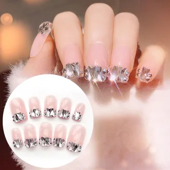 

24Pc False Nails Diamond Jewelry for Bride Wedding 3D Shiny Crystal False Nail Art Manicure Rhinestones Decoration Tip with Glue