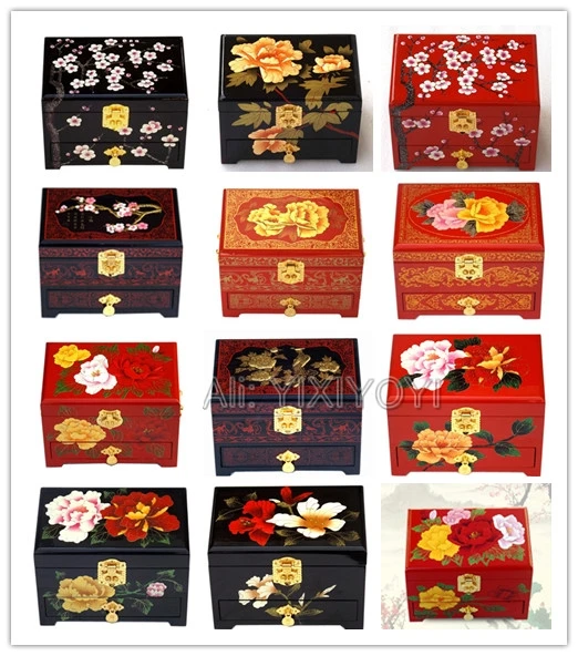 

Chinese 3 Layer Wood Wedding Flower Jewelry Box with Mirror Bangle Display Woman's Dressing Box Container Carrying Case Gift