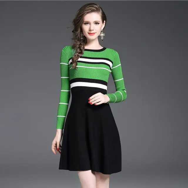 New Autumn Winter Women Striped Patchwork Knitted Sweater Dress New Autumn Winter Women Striped Patchwork Knitted Sweater Dress Female Trend Clothing Ameircan Casual Work Office