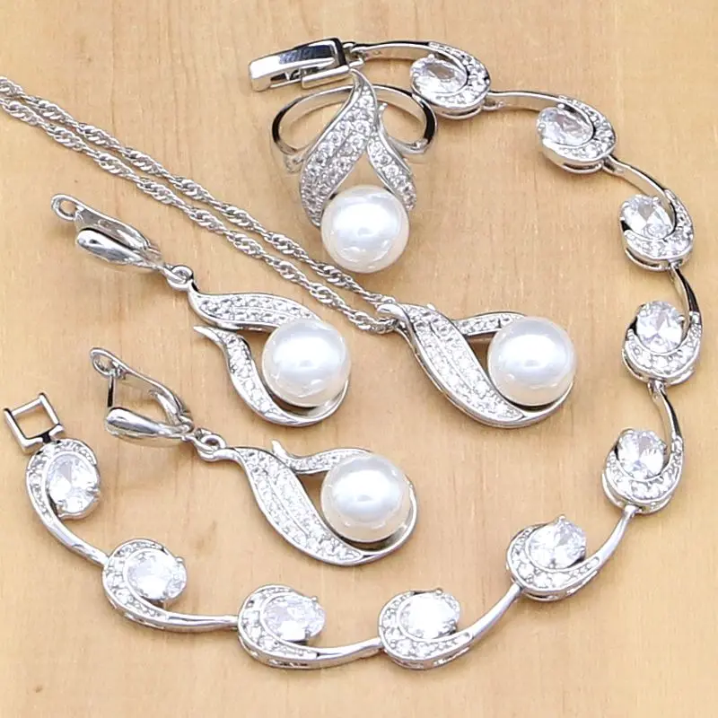 925 серебряные свадебные ювелирные наборы, натуральный белый циркон с жемчугом, бусы для женщин, свадебные серьги/кулон/ожерелье/Кольцо/браслет