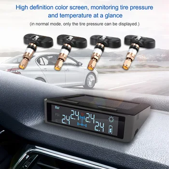 

TPMS Tyre Pressure Monitoring System Solar Power Charging Digital LCD Display Bar/PSI Unit w/ 4 External/Internal Sensors Car