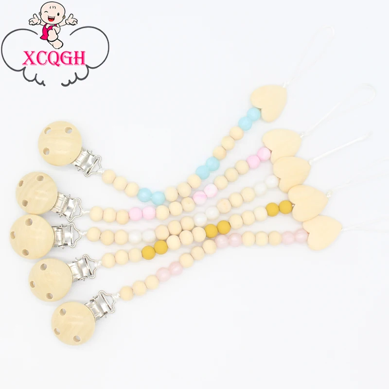 

XCQGH Kids Baby Wooden Silicone Marble Beaded Pacifier Holder Clip Nipple Teether Dummy Strap Holder Chain