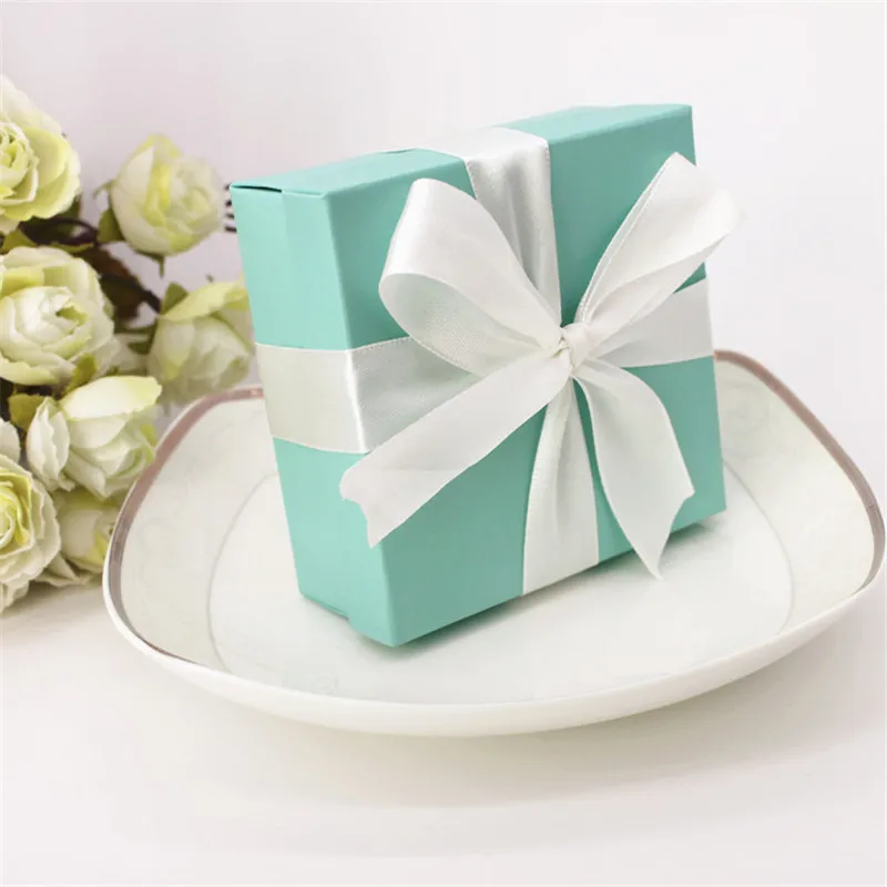 10 шт./лот Tiffany Blue Свадебная коробка для конфет с белой лентой DIY красивая подарочная коробка для ювелирных изделий 6,5*6,5*3,8 см