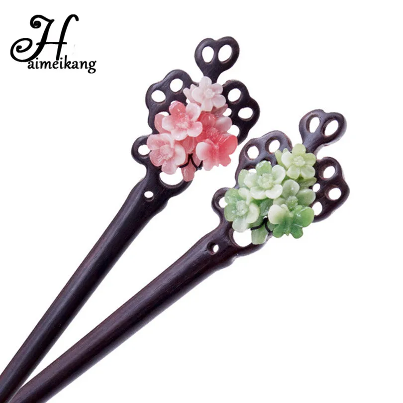 

Ancient Hair Accessories Vintage Hand Carved Ebony Hairpins for Women Classical Elegant Jade Flower Hair Stick Headdress