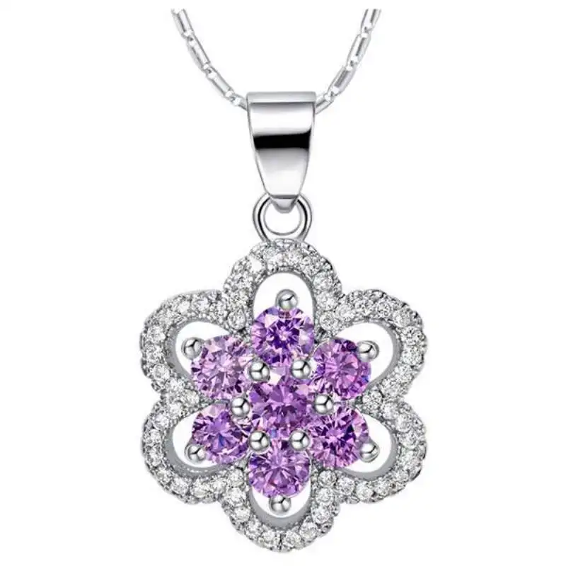 925 Sterling Silver Flower Pendant Necklace White/Purple Crystal AAA