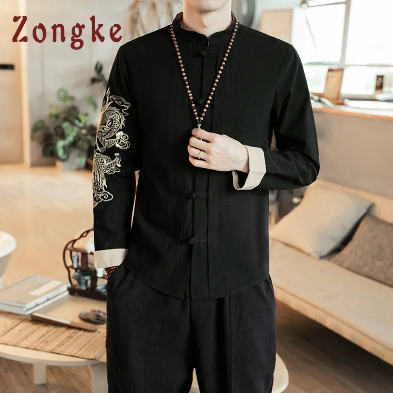 Zongke/Черная Мужская рубашка с вышивкой в китайском стиле, модная уличная одежда Harajuku, мужская рубашка с длинным рукавом, 5XL, мужские рубашки, весна