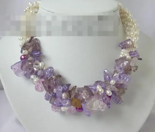 

song voge gem nanJ1074 3strand white pearl crude amethyst necklace