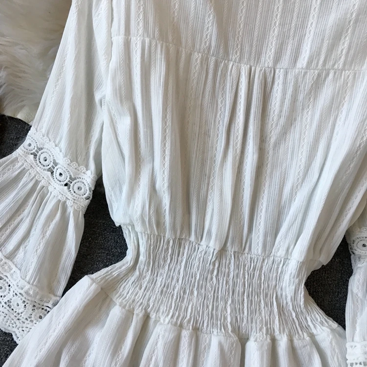 Летнее новое женское белое платье из льна и хлопка, богемное платье с v-образным вырезом, кружевные платья с расклешенными рукавами