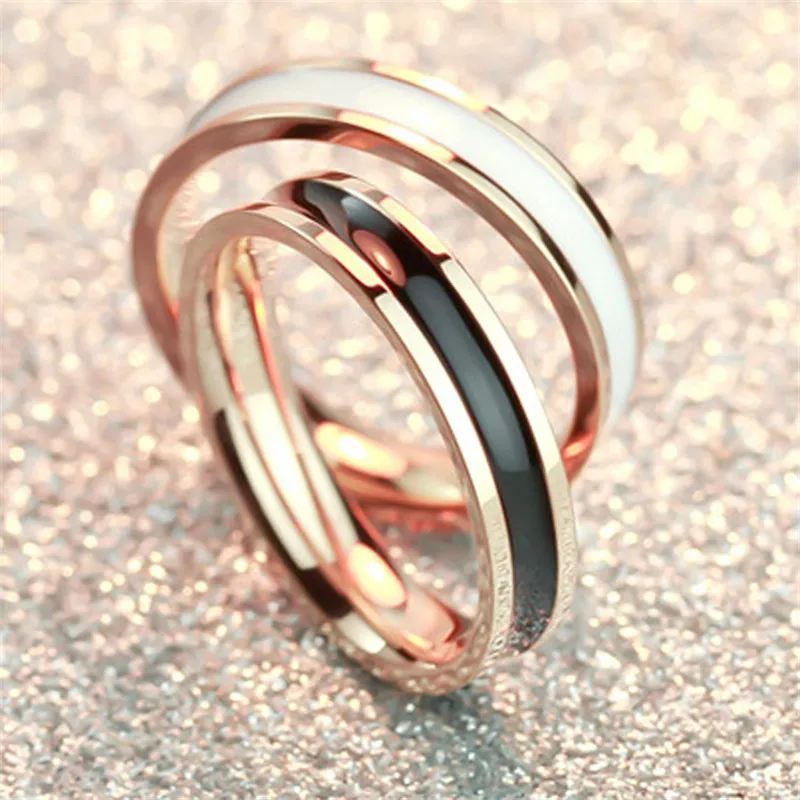 

White/Black Glue Rose Gold Titanium Steel Rings for Women Female Fashion Jewelry Stainless Steel Wedding Ring Anel R355