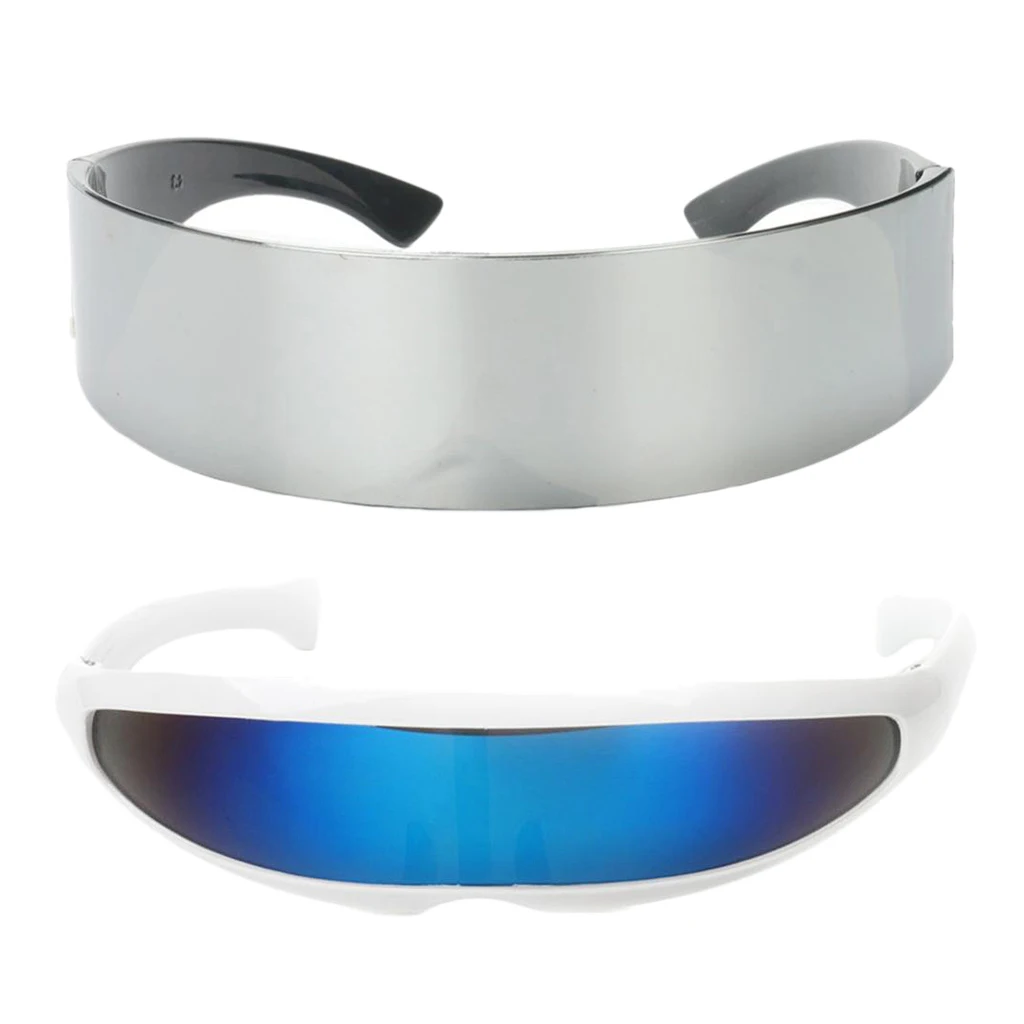2 Pieces Fashion Narrow Blue Metallic Silver Outer Space Robot Alien Eyeglasses Shade Eyewear Future Soldier Sunglasses