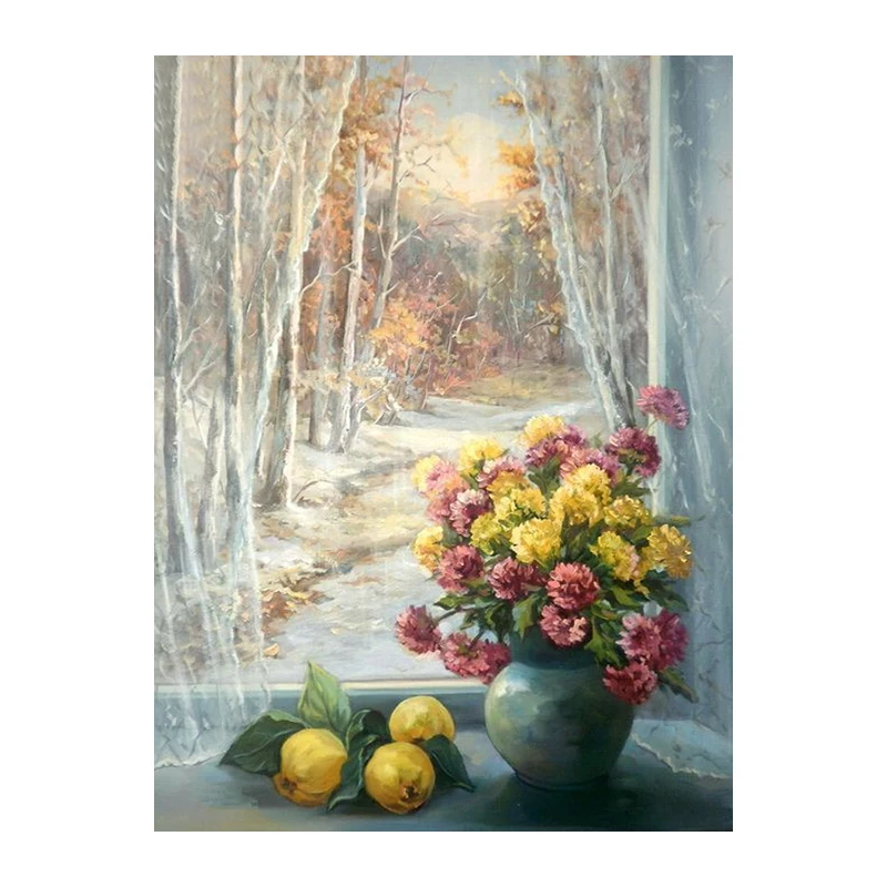 The vase on windowsill needlework diamond mosaic square home decor diamond embroidery crafts diamond painting cross stitch