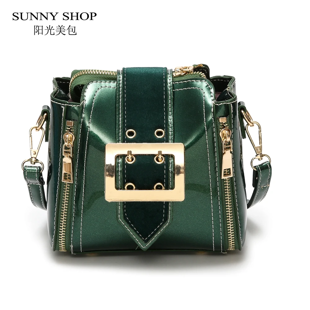 

SUNNY SHOP Shiny Patent Leather Bags For Women 2018 European Fashion Mini Over The Shoulder Brand Designer Sling Bag Green Blue