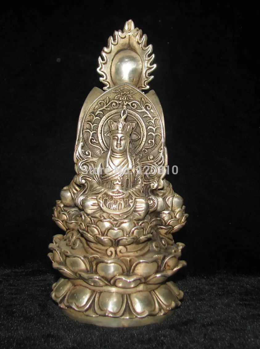 

Chinese old Tibetan silver carved 3 buddha sitting lotus flower statue