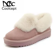 Coolcept Women Real Genuine Leather Ankle Boots Plush Fur Flats Boots Snow Winter Warm Shoes Women Indoor Footwear Size 35-40 shangmsh floral ankle boots for women winter genuine leather women s boots retro handmade comforable shoes footwear large size