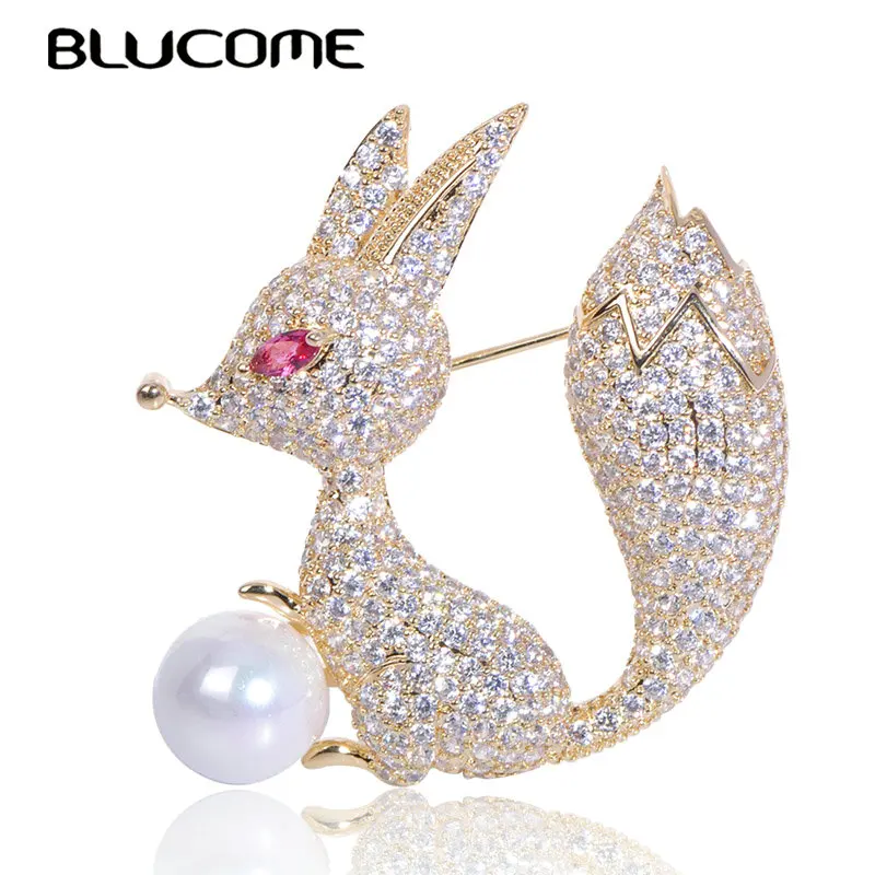Tanie Blucome Cute Animal Fox broszka sztuczna perła cyrkon broszki Pin miedź biżuteria dla kobiet odzież bluzka akcesoria do szalików