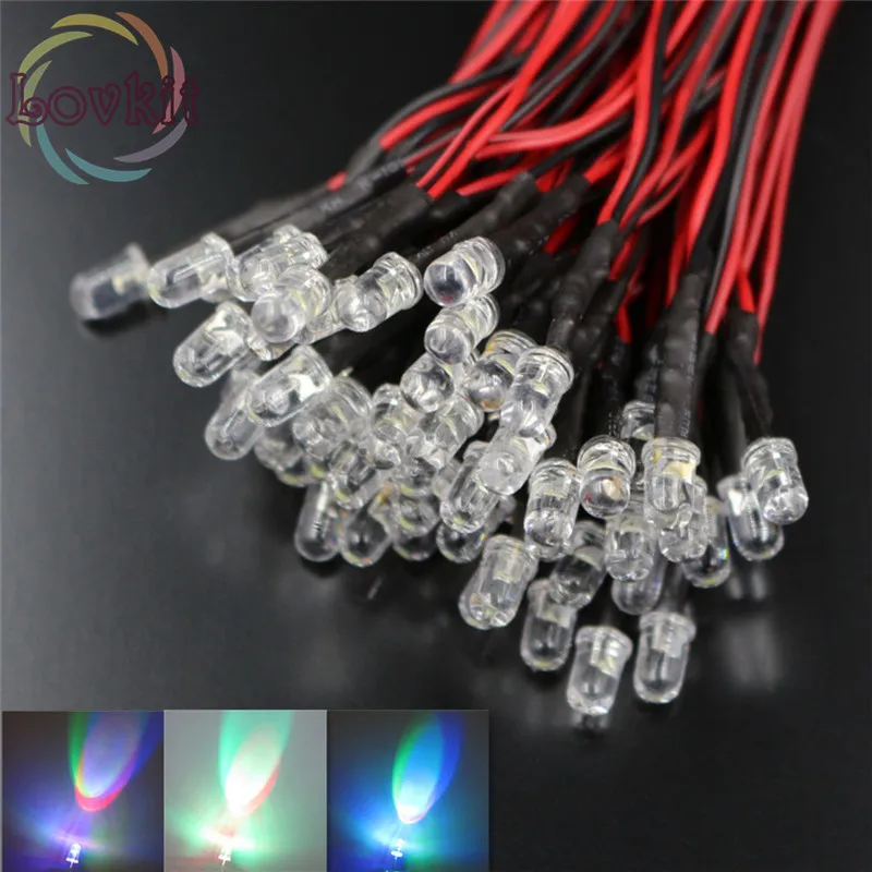 50pcs LED 5MM Pre Wired Resistor Slow RGB Flash Red Green Blue 12V DC 20cm Rainbow MultiColor