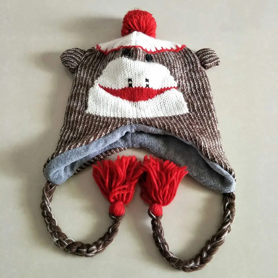 漫画の動物のかわいい猿ニットコットンビーニーキャップぬいぐるみ冬暖かい赤口猿カエル猫の帽子の子供の子フリース裏地 Cotton Beanie Monkey Hatbeanie Cap Aliexpress